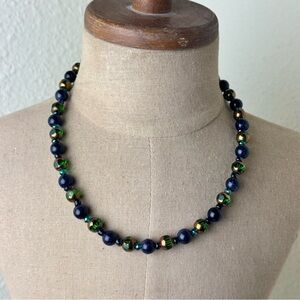 Handmade Green glass with blue goldstone beaded necklace
